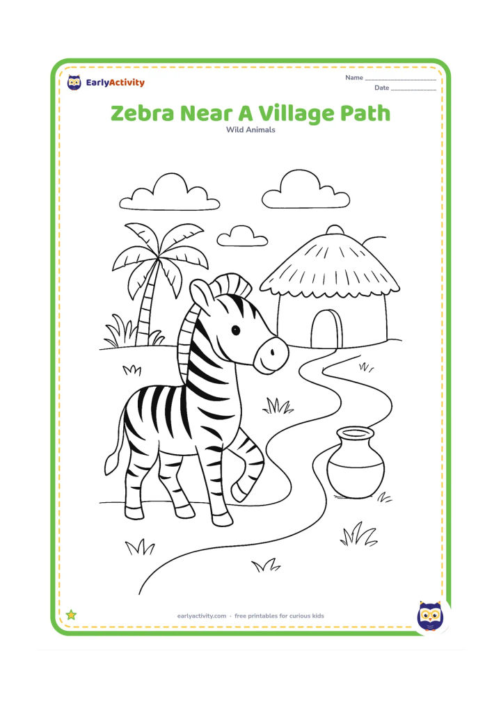 Colouring page: Draw one zebra walking beside a winding village path, with a simple thatched hut, a few palms and a clay water pot placed away from the zebra. Keep the setting peaceful and natural, with…