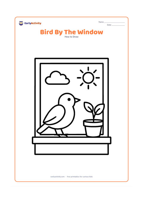 Worksheet: A side-view bird perches on a wide windowsill with one potted plant beside it. Show a large oval body, round head, folded wing, pointed beak and clear feet, with a simple outdoor sky…