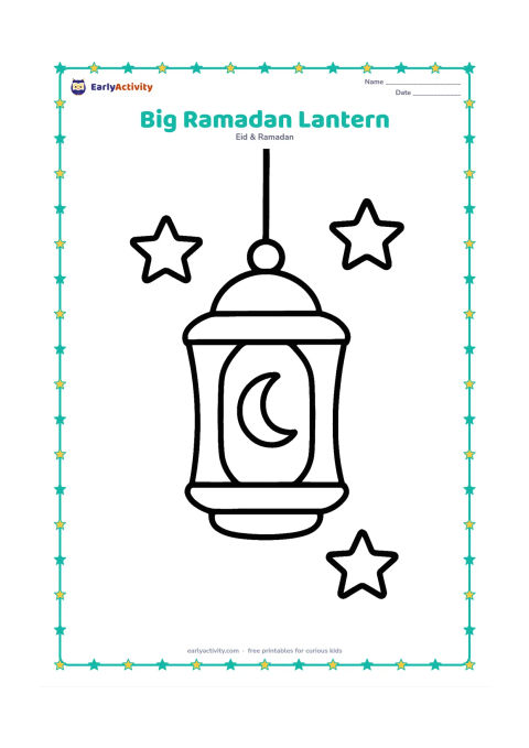 Colouring page: Draw one large hanging lantern with broad panels, a rounded top, and a simple crescent-shaped cutout. Add a few large stars and a short hanging cord around it.