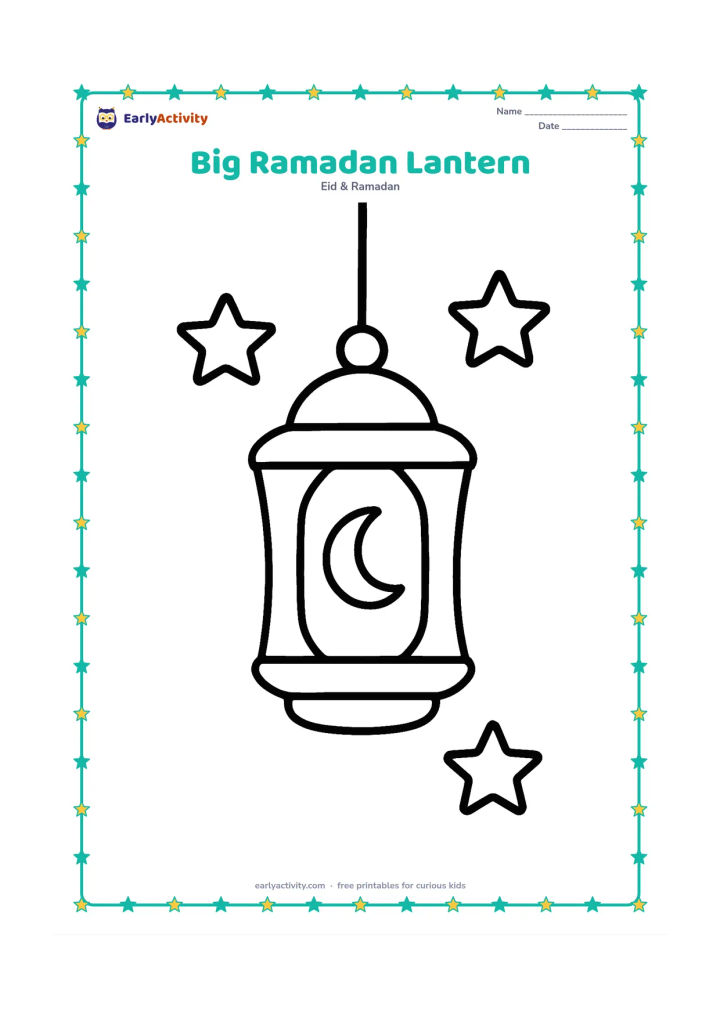 Colouring page: Draw one large hanging lantern with broad panels, a rounded top, and a simple crescent-shaped cutout. Add a few large stars and a short hanging cord around it.