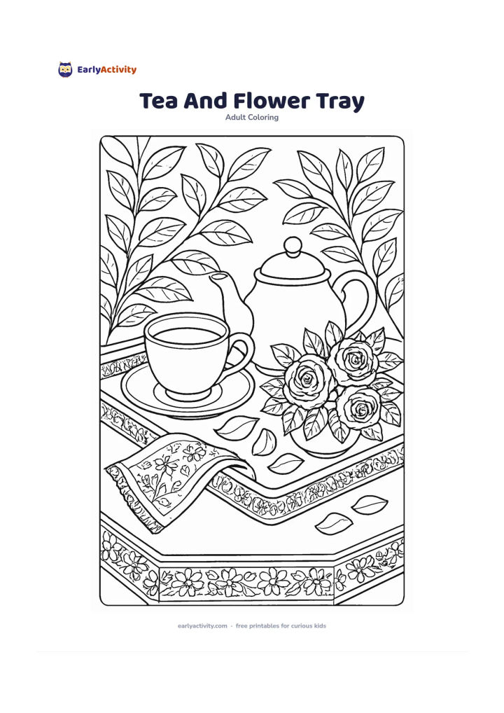 Colouring page: Draw a tabletop tray holding a teacup, teapot and a small floral arrangement of roses and leaves, with a folded cloth and scattered petals nearby. Frame the scene with a patterned table…