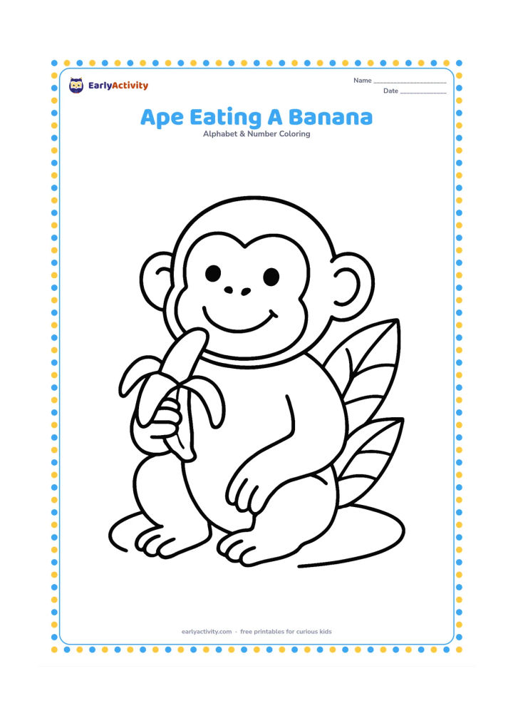 Colouring page: Draw a friendly ape sitting on the ground and holding a peeled banana near its mouth. Add one broad tropical leaf behind it and a simple patch of ground.