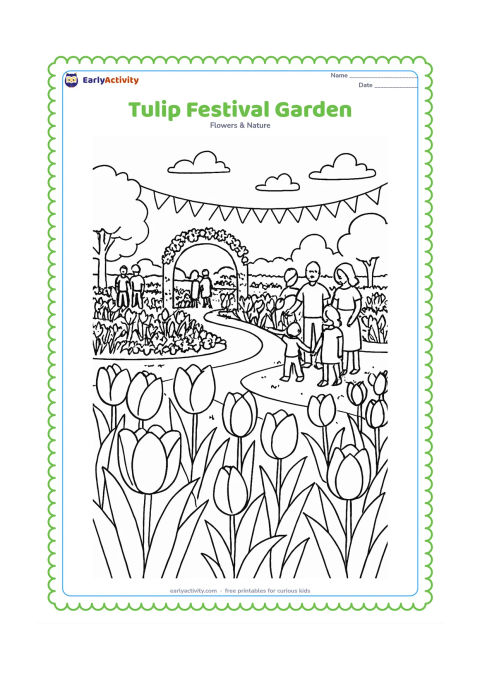 Colouring page: Draw a lively tulip garden during a daytime community festival, with winding paths, flower beds, a decorative arch, bunting without letters and families admiring the flowers. Make tulips…