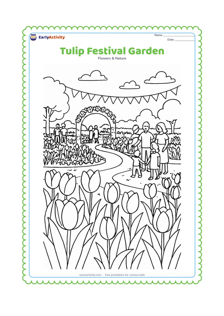 Colouring page: Draw a lively tulip garden during a daytime community festival, with winding paths, flower beds, a decorative arch, bunting without letters and families admiring the flowers. Make tulips…