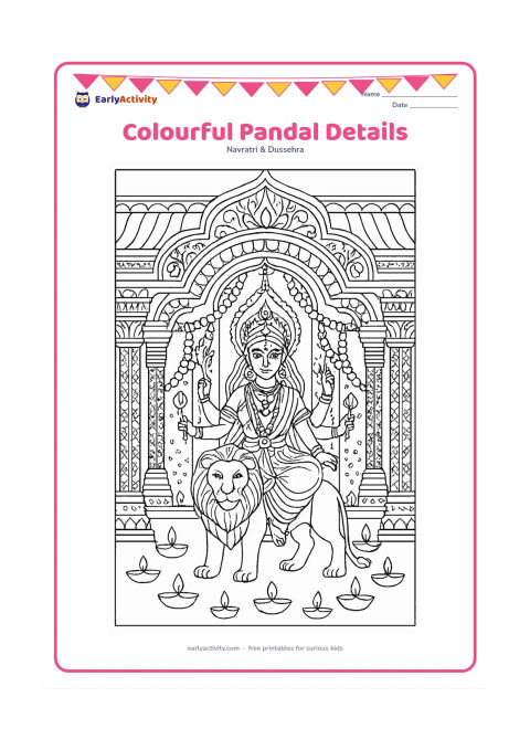 Colouring page: Create a detailed front view of a Durga Puja pandal filled with layered arches, patterned fabric, flower garlands, diyas, lotus blossoms, and the central Durga idol with her lion.…