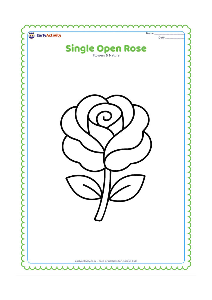 Colouring page: Draw one large open rose facing forward, with broad rounded petals, a short leafy stem, and two simple leaves. Leave generous open space around the flower.
