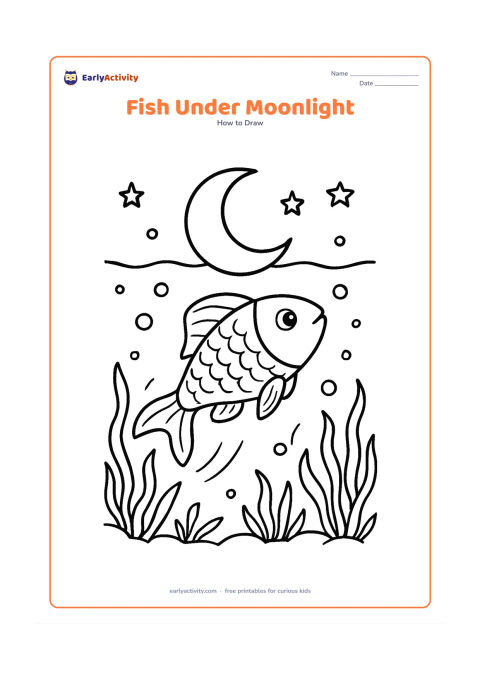 Worksheet: Show a detailed fish swimming upward at night beneath a large crescent moon seen through the water surface. Add layered water plants, bubbles, a few stars above the surface, scales, and…