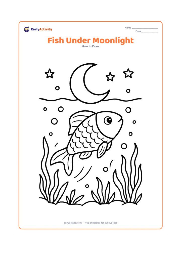 Worksheet: Show a detailed fish swimming upward at night beneath a large crescent moon seen through the water surface. Add layered water plants, bubbles, a few stars above the surface, scales, and…