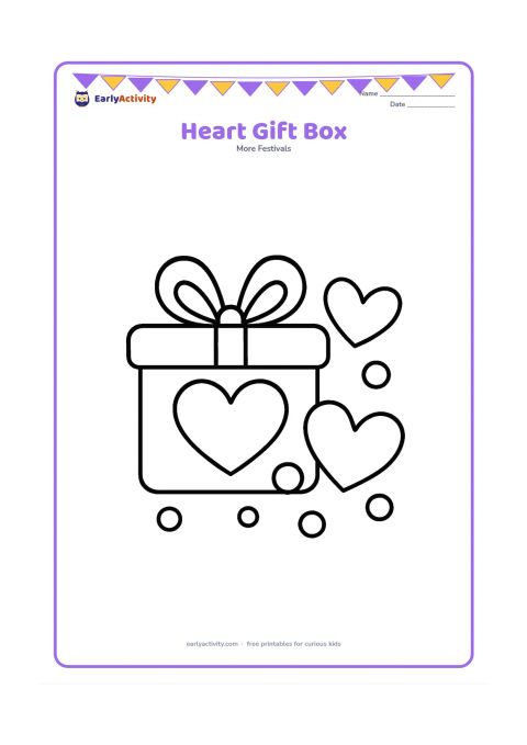 Colouring page: A cheerful gift box with a large heart on its lid and a simple bow sits beside two oversized hearts and a few round confetti shapes.