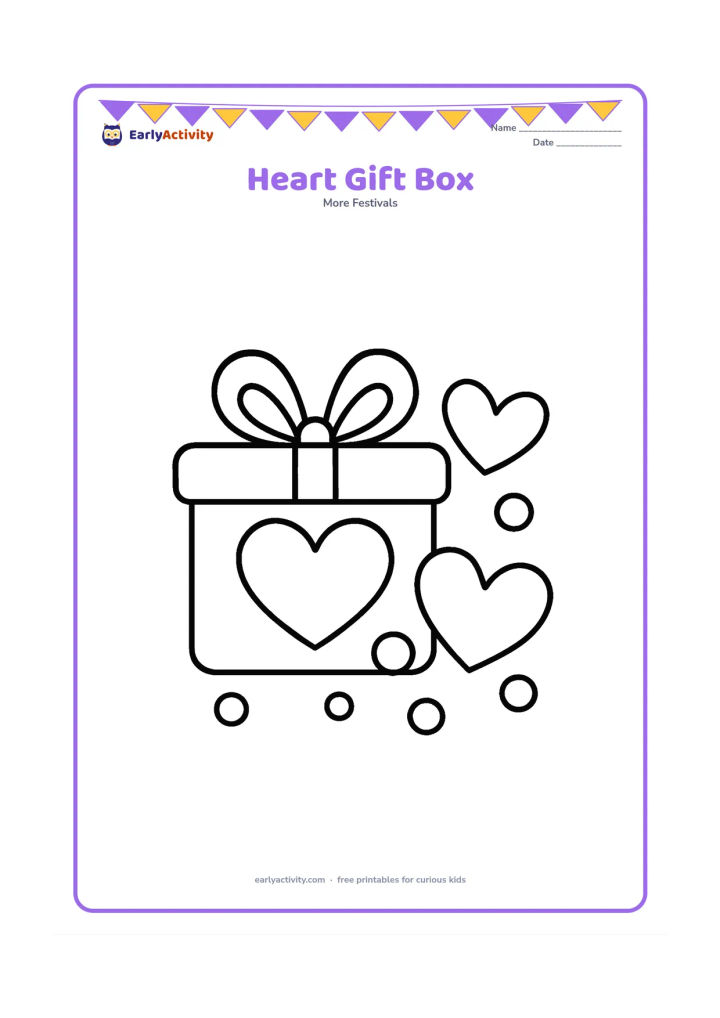 Colouring page: A cheerful gift box with a large heart on its lid and a simple bow sits beside two oversized hearts and a few round confetti shapes.