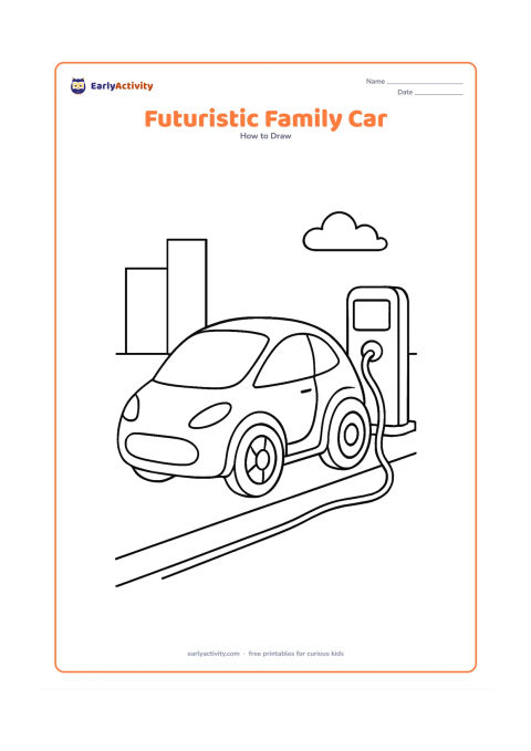 Worksheet: Show an invented futuristic car with a rounded aerodynamic body, large windows, unusual but friendly wheels, smooth lights and a simple charging station beside it. Place the vehicle on a…