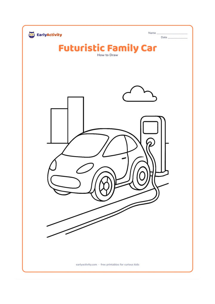 Worksheet: Show an invented futuristic car with a rounded aerodynamic body, large windows, unusual but friendly wheels, smooth lights and a simple charging station beside it. Place the vehicle on a…