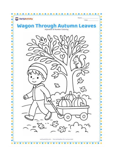 Colouring page: Draw a child pulling a wagon filled with pumpkins and fallen leaves along a park path. Include a large tree with many leaves and a squirrel watching from a low branch.