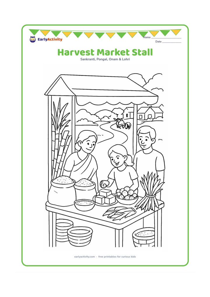 Colouring page: A small outdoor harvest stall displays sugarcane, rice sacks, sesame bowls, jaggery blocks, laddoos, and leafy bundles while a family chooses treats. Add a village lane, baskets, and a…