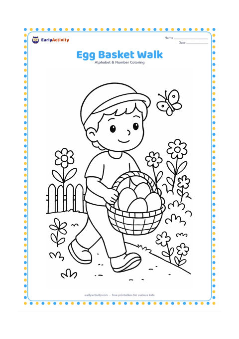 Colouring page: Draw a child carrying a basket filled with large plain eggs along a garden path. Add flowering plants, a low fence and a butterfly in the background.