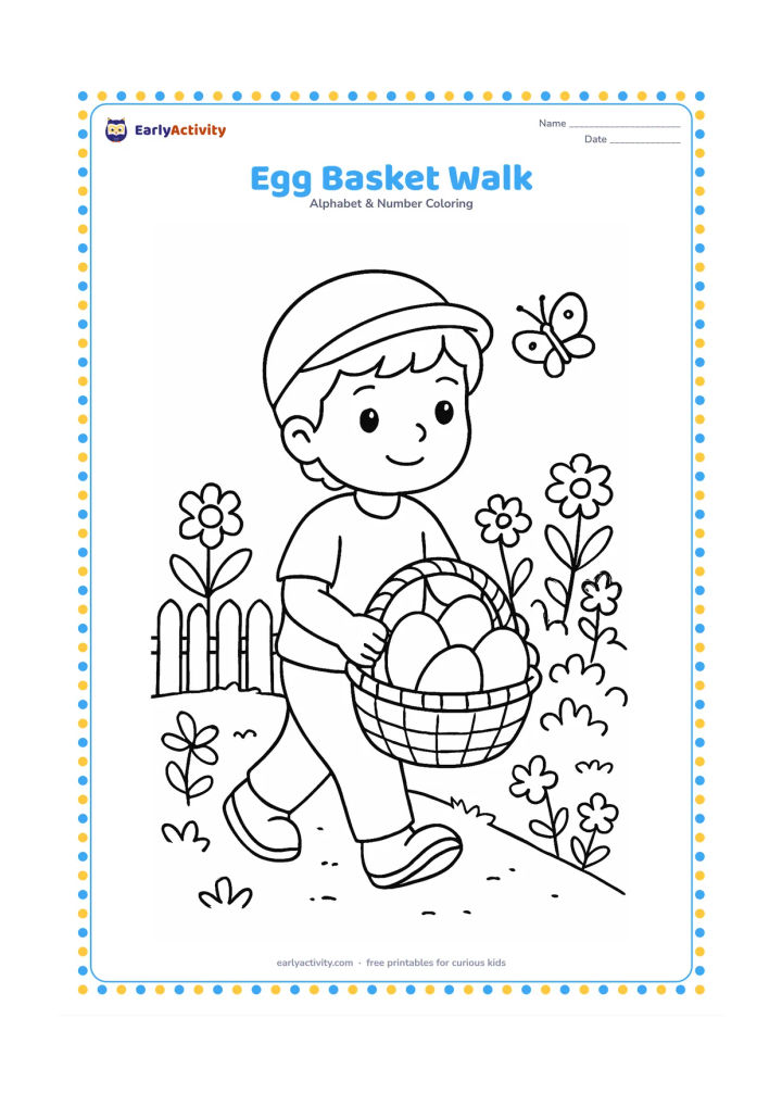 Colouring page: Draw a child carrying a basket filled with large plain eggs along a garden path. Add flowering plants, a low fence and a butterfly in the background.