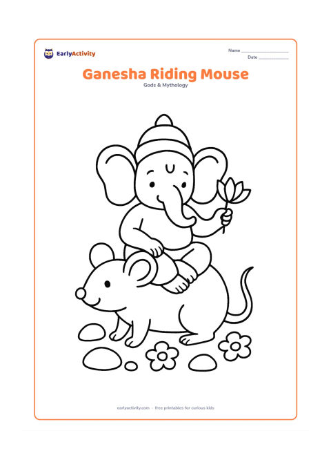 Colouring page: A playful small Lord Ganesha sits gently on an oversized mouse, holding a lotus while his trunk curls upward. Add a few rounded stones and flowers on the ground.