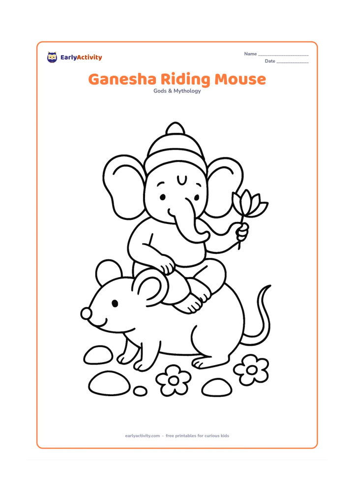 Colouring page: A playful small Lord Ganesha sits gently on an oversized mouse, holding a lotus while his trunk curls upward. Add a few rounded stones and flowers on the ground.