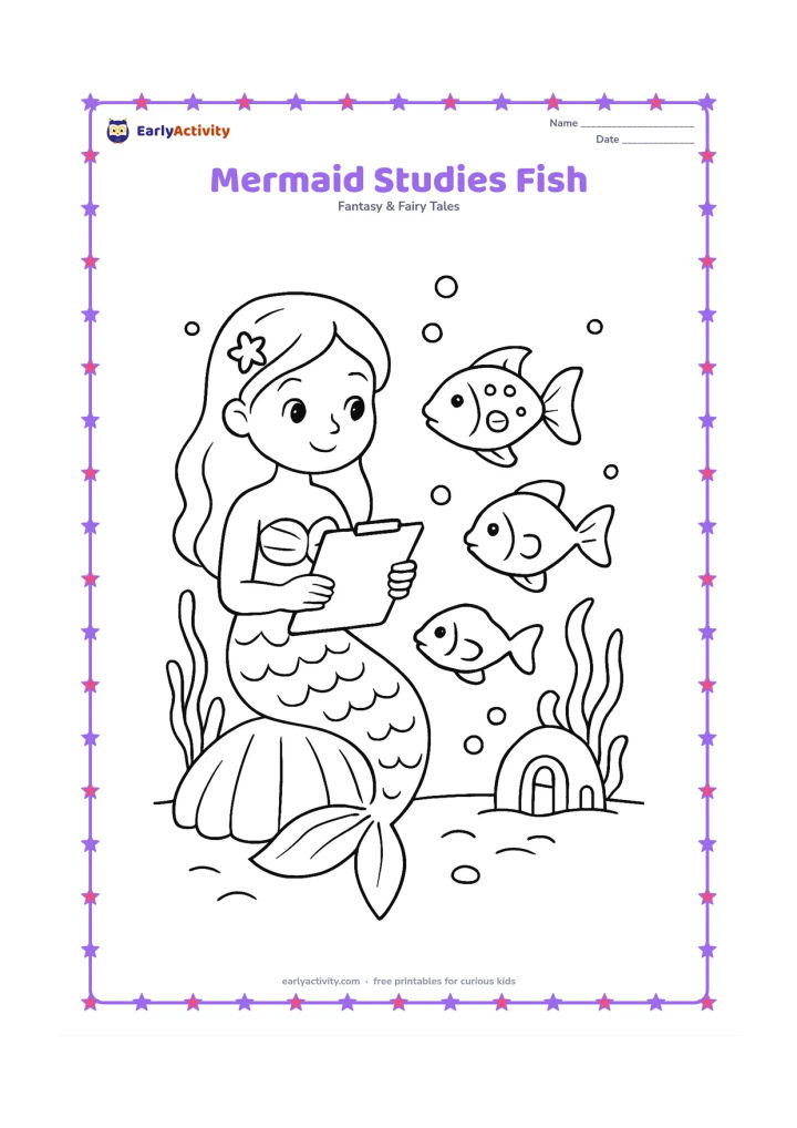 Colouring page: A mermaid holds a plain clipboard and observes three different fish swimming in front of her. Add a shell seat, sea plants, bubbles and a small underwater home in the distance.