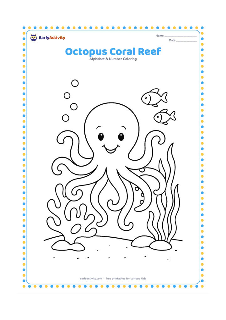 Colouring page: Draw a smiling octopus weaving its eight arms around rounded coral, sea plants and a pair of small fish. Add a sandy seabed and rising bubbles while keeping the octopus as the main subject.