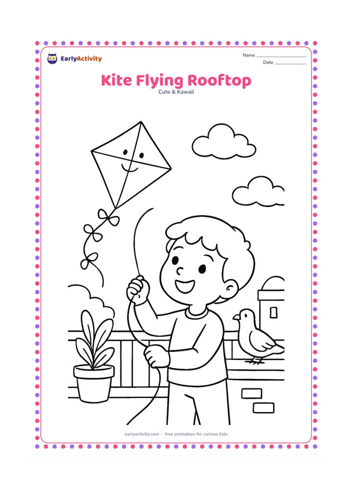 Colouring page: A smiling child flies a diamond-shaped kite from a safe rooftop terrace, with a friendly pigeon nearby, potted plants and distant rounded rooftops. Show the kite string curving through a…