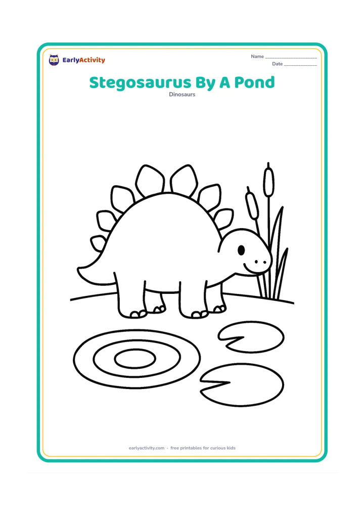 Colouring page: Draw a stegosaurus standing beside a simple pond with two large lily pads and one big water ripple. Include a few tall reeds and a clear row of back plates.