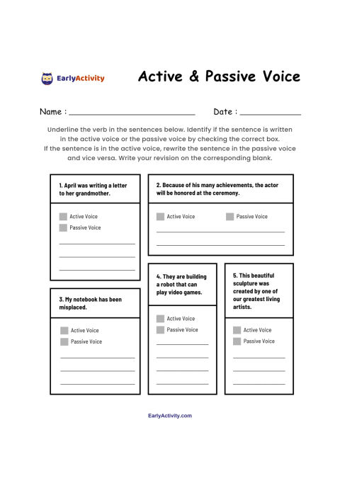 Worksheet with five numbered sentences. Children identify each sentence as active or passive and rewrite it in the other voice.