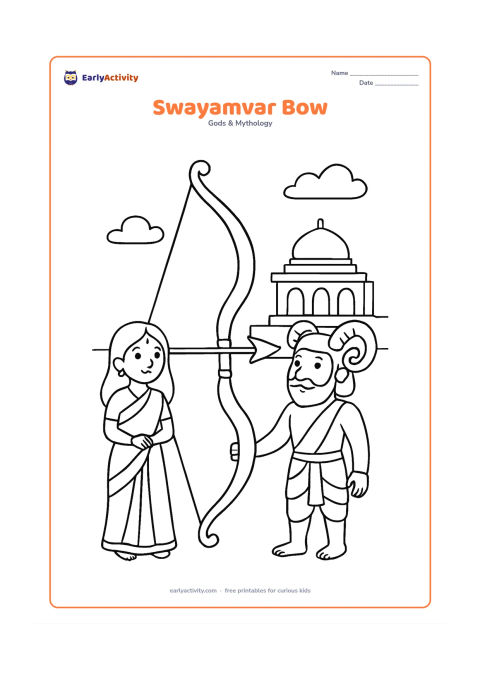 Colouring page: Ram stands beside the great bow during Sita's swayamvar, with Sita watching from one side and a simple palace platform behind them.