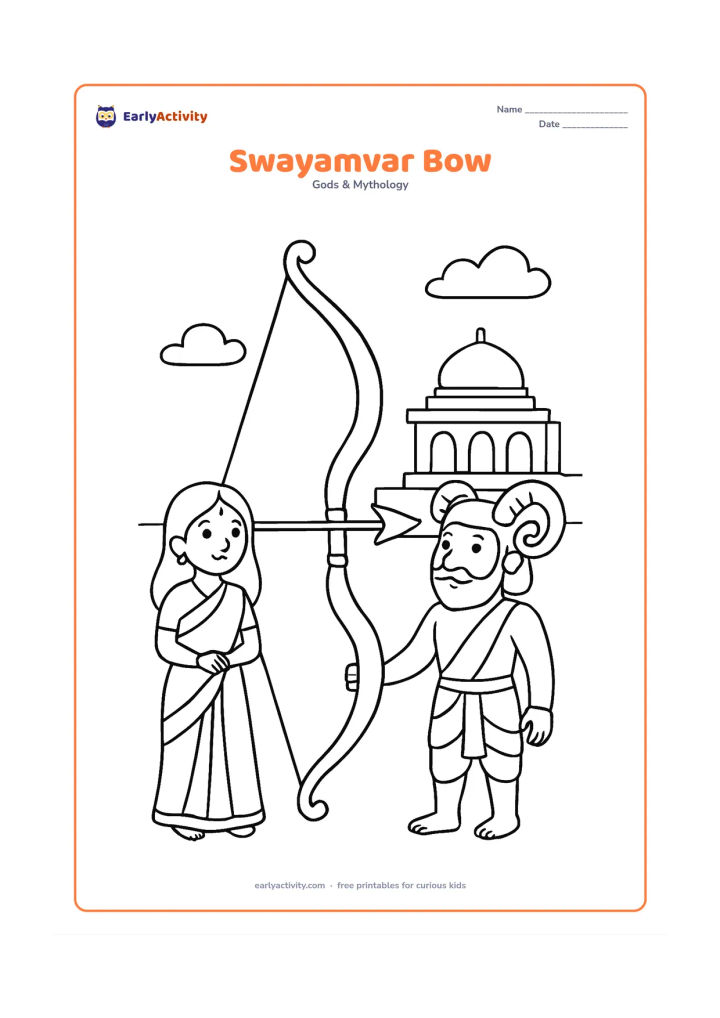 Colouring page: Ram stands beside the great bow during Sita's swayamvar, with Sita watching from one side and a simple palace platform behind them.