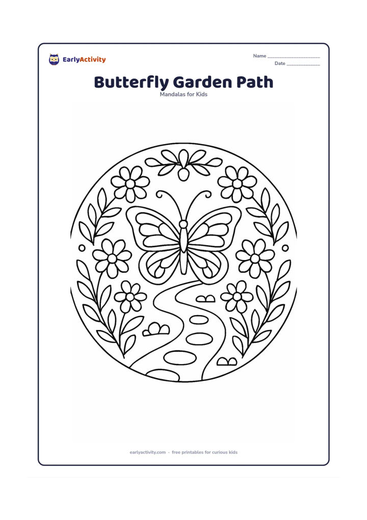 Colouring page: A butterfly flies above a winding garden path at the centre of a circular mandala. Surround it with repeated flower beds, leafy stems, stepping stones and simple wing patterns.