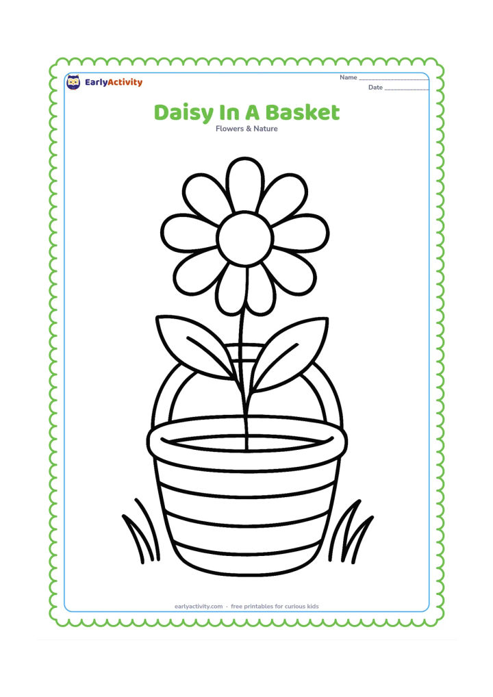 Colouring page: Draw a single daisy with a long stem placed in a small woven garden basket. Include a broad handle, two leaves and a few simple blades of grass.