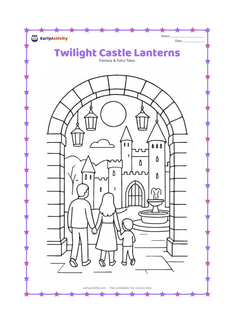 Colouring page: Draw a castle courtyard at twilight with lanterns hanging along a stone arch, a family entering through the gate, a fountain, and tall towers silhouetted against a large moon. Keep the…