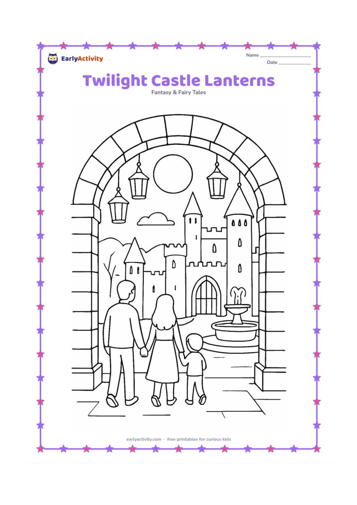 Colouring page: Draw a castle courtyard at twilight with lanterns hanging along a stone arch, a family entering through the gate, a fountain, and tall towers silhouetted against a large moon. Keep the…