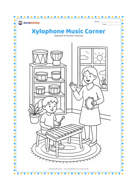Colouring page: Draw a detailed classroom music corner with a child seated at a xylophone, a teacher keeping rhythm, shelves of drums, a woven rug, potted plants and sunlight through a window.
