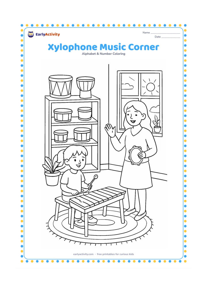 Colouring page: Draw a detailed classroom music corner with a child seated at a xylophone, a teacher keeping rhythm, shelves of drums, a woven rug, potted plants and sunlight through a window.