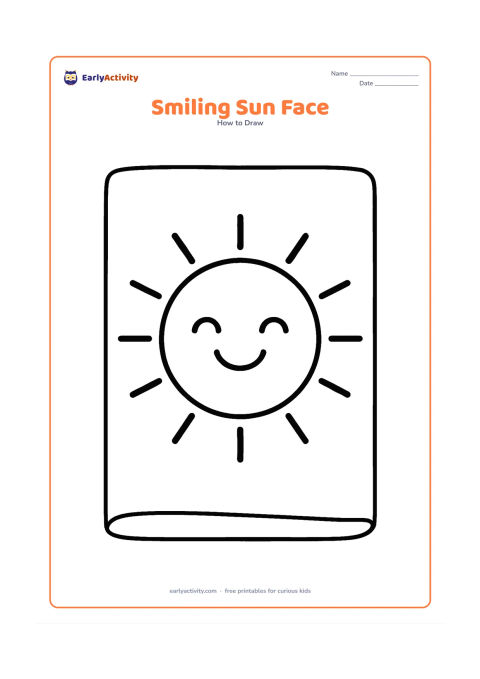 Worksheet: Place a large round sun in the centre with two simple curved eyes, a curved smile and short straight rays. Keep the face and rays inside a broad open page.