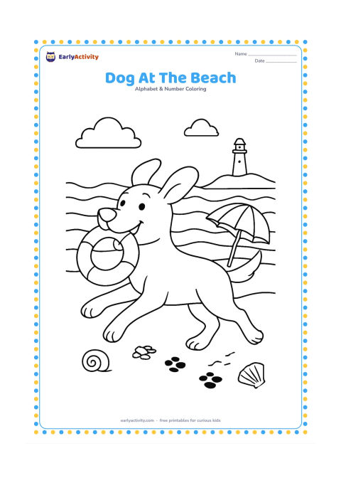 Colouring page: A lively dog runs along a beach carrying a floating toy, with pawprints trailing behind. Show layered waves, a beach umbrella, shells and a distant lighthouse without any markings.
