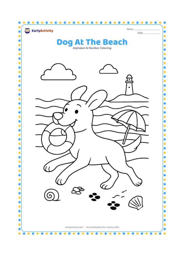 Colouring page: A lively dog runs along a beach carrying a floating toy, with pawprints trailing behind. Show layered waves, a beach umbrella, shells and a distant lighthouse without any markings.