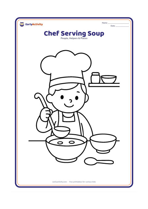 Colouring page: A smiling child chef holds a large ladle over a serving bowl of soup on a table. Include a second empty bowl, a spoon, and a simple kitchen shelf behind the chef.
