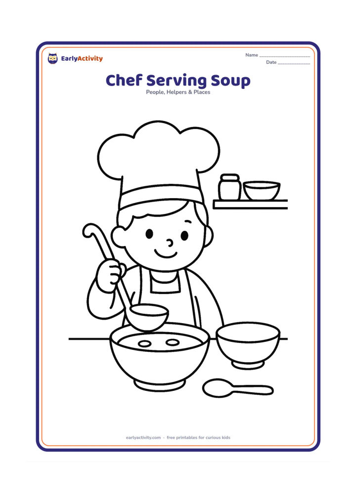 Colouring page: A smiling child chef holds a large ladle over a serving bowl of soup on a table. Include a second empty bowl, a spoon, and a simple kitchen shelf behind the chef.