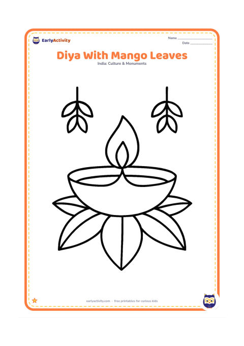 Colouring page: A broad clay diya with a flame is surrounded by large mango leaves and two simple hanging leafy decorations above it.