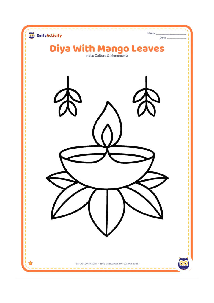 Colouring page: A broad clay diya with a flame is surrounded by large mango leaves and two simple hanging leafy decorations above it.