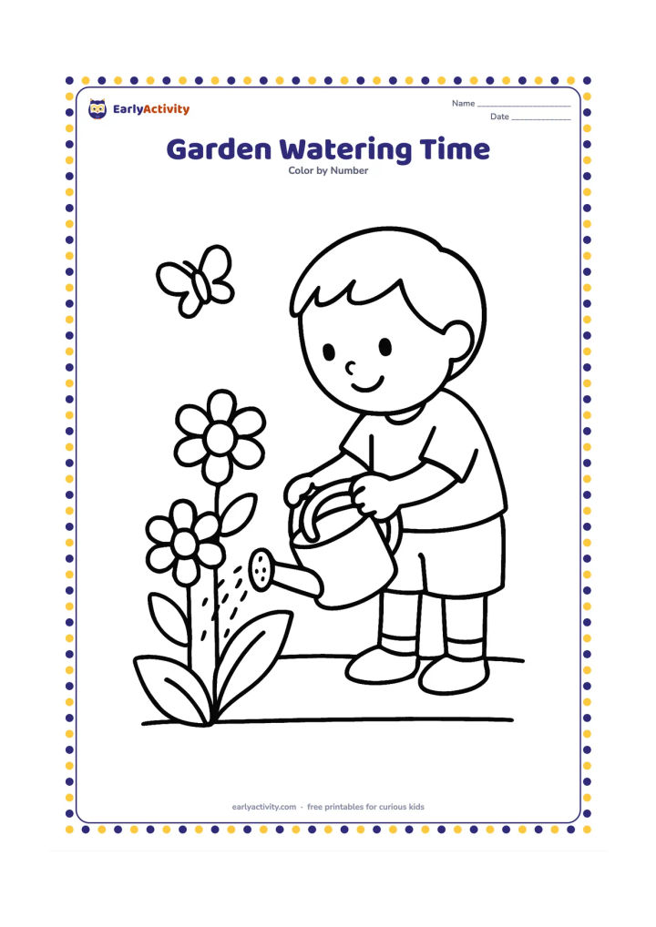 Colouring page: Draw a child watering three large flowers beside broad leaves and a simple watering can. Add a low garden border and one butterfly in the background.