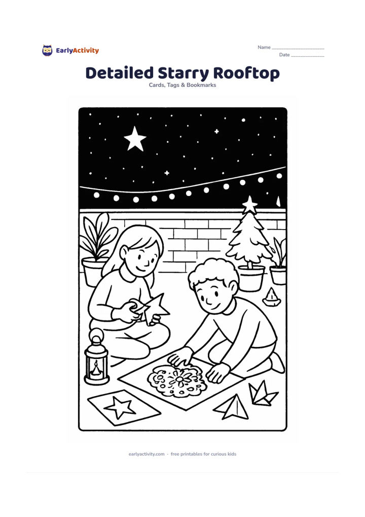 Worksheet: Draw friends on a rooftop terrace creating a Christmas card together under a starry night sky, with rangoli decoration, potted plants, lanterns, a small tree and folded paper shapes.…