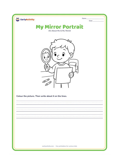 Worksheet: A young child looks into a hand mirror and draws a self-portrait on a large blank sheet held in the other hand. Show the child from the waist up with a simple bedroom background and a…