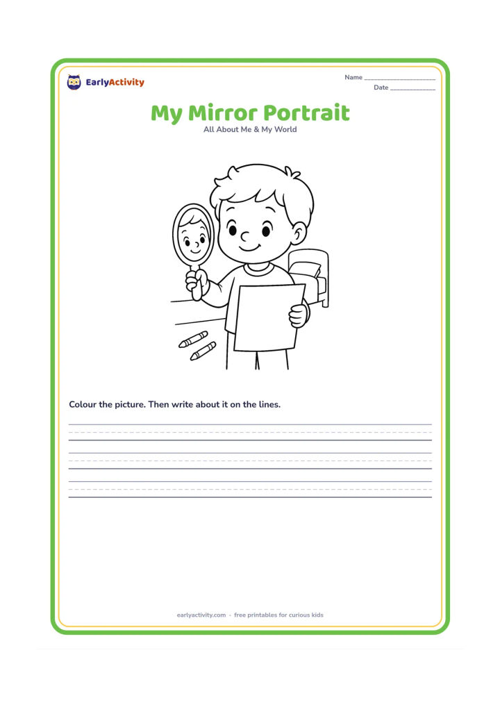Worksheet: A young child looks into a hand mirror and draws a self-portrait on a large blank sheet held in the other hand. Show the child from the waist up with a simple bedroom background and a…