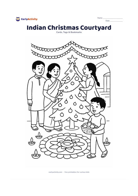 Worksheet: Draw a family decorating a Christmas tree in an Indian courtyard with a rangoli-style circular decoration on the ground, flower garlands and small lamps. Show one child hanging a star…