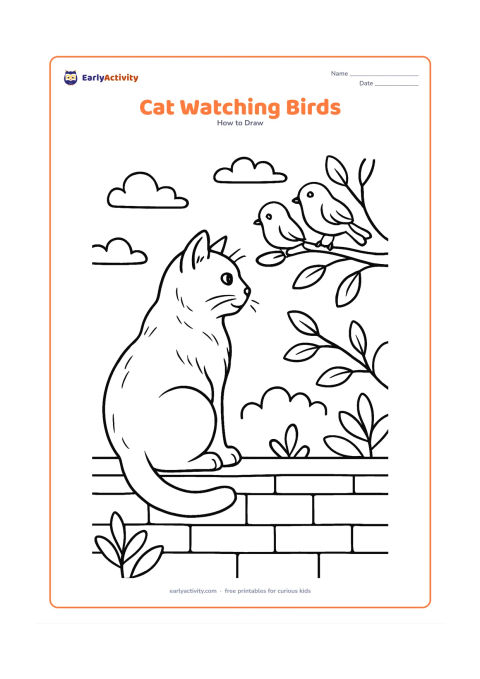 Worksheet: Draw a detailed cat sitting on a garden wall and looking toward two small birds perched on a nearby branch. Include the cat's rounded haunches, tucked paws, curved tail, fur direction,…
