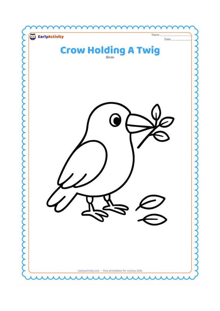 Colouring page: A crow stands in profile while holding one short twig in its beak, with a few leaves on the ground.