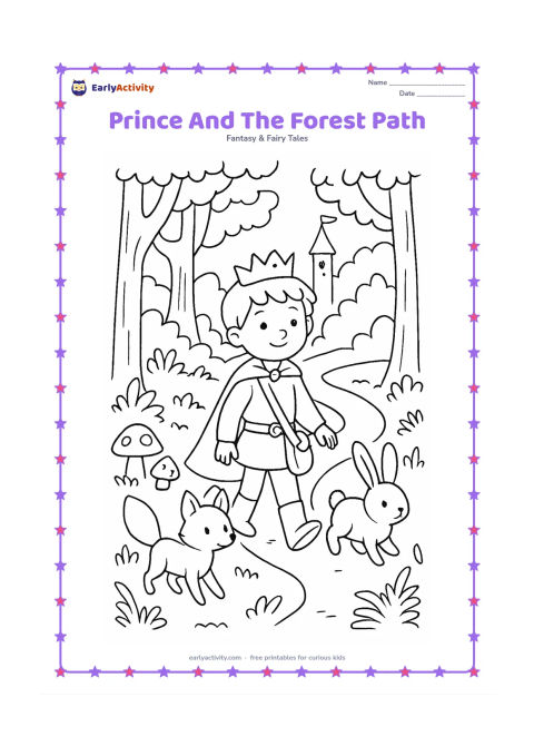 Colouring page: A prince walks along a winding forest path with a small satchel, followed by a fox and a rabbit. Include tall trees, mushrooms, ferns, and a distant castle tower.